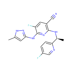 Cc1cc(Nc2nc(N[C@@H](C)c3ccc(F)cn3)c(C#N)cc2F)n[nH]1 ZINC000071318232