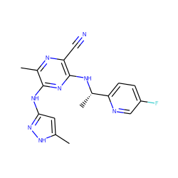 Cc1cc(Nc2nc(N[C@@H](C)c3ccc(F)cn3)c(C#N)nc2C)n[nH]1 ZINC000045256594