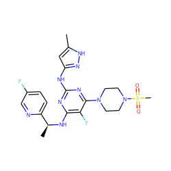 Cc1cc(Nc2nc(N[C@@H](C)c3ccc(F)cn3)c(F)c(N3CCN(S(C)(=O)=O)CC3)n2)n[nH]1 ZINC000043200681