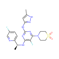 Cc1cc(Nc2nc(N[C@@H](C)c3ccc(F)cn3)c(F)c(N3CCS(=O)(=O)CC3)n2)n[nH]1 ZINC000043200684