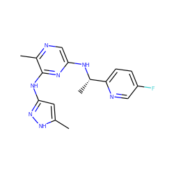 Cc1cc(Nc2nc(N[C@@H](C)c3ccc(F)cn3)cnc2C)n[nH]1 ZINC000045300281