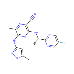 Cc1cc(Nc2nc(N[C@@H](C)c3ncc(F)cn3)c(C#N)nc2C)n[nH]1 ZINC000045259144