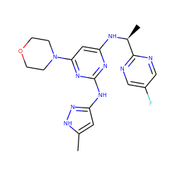 Cc1cc(Nc2nc(N[C@@H](C)c3ncc(F)cn3)cc(N3CCOCC3)n2)n[nH]1 ZINC000096269738