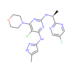 Cc1cc(Nc2nc(N[C@@H](C)c3ncc(F)cn3)nc(N3CCOCC3)c2Cl)n[nH]1 ZINC000066100329