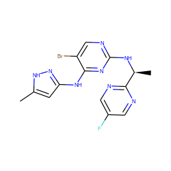 Cc1cc(Nc2nc(N[C@@H](C)c3ncc(F)cn3)ncc2Br)n[nH]1 ZINC000066099647