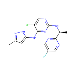 Cc1cc(Nc2nc(N[C@@H](C)c3ncc(F)cn3)ncc2Cl)[nH]n1 ZINC000058631551