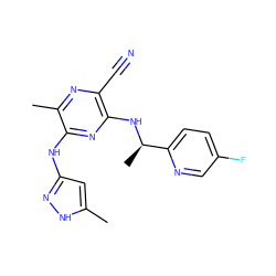 Cc1cc(Nc2nc(N[C@H](C)c3ccc(F)cn3)c(C#N)nc2C)n[nH]1 ZINC000045256597