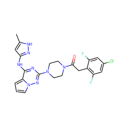 Cc1cc(Nc2nc(N3CCN(C(=O)Cc4c(F)cc(Cl)cc4F)CC3)nn3cccc23)n[nH]1 ZINC000066167172