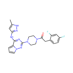 Cc1cc(Nc2nc(N3CCN(C(=O)Cc4ccc(F)cc4F)CC3)nn3cccc23)n[nH]1 ZINC000066099180