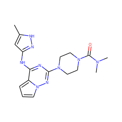 Cc1cc(Nc2nc(N3CCN(C(=O)N(C)C)CC3)nn3cccc23)n[nH]1 ZINC000066111662