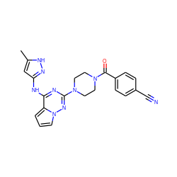 Cc1cc(Nc2nc(N3CCN(C(=O)c4ccc(C#N)cc4)CC3)nn3cccc23)n[nH]1 ZINC000066105067