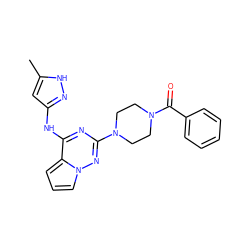 Cc1cc(Nc2nc(N3CCN(C(=O)c4ccccc4)CC3)nn3cccc23)n[nH]1 ZINC000066111969