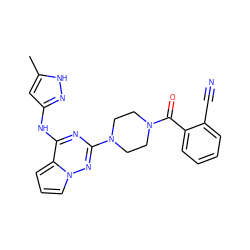 Cc1cc(Nc2nc(N3CCN(C(=O)c4ccccc4C#N)CC3)nn3cccc23)n[nH]1 ZINC000066105066