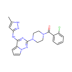 Cc1cc(Nc2nc(N3CCN(C(=O)c4ccccc4Cl)CC3)nn3cccc23)n[nH]1 ZINC000066073710