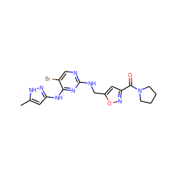 Cc1cc(Nc2nc(NCc3cc(C(=O)N4CCCC4)no3)ncc2Br)n[nH]1 ZINC000084732101