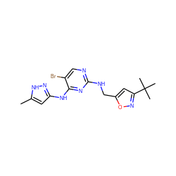 Cc1cc(Nc2nc(NCc3cc(C(C)(C)C)no3)ncc2Br)n[nH]1 ZINC000084733937