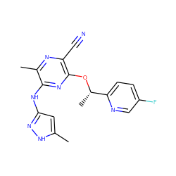 Cc1cc(Nc2nc(O[C@@H](C)c3ccc(F)cn3)c(C#N)nc2C)n[nH]1 ZINC000045254842