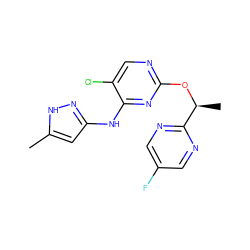 Cc1cc(Nc2nc(O[C@@H](C)c3ncc(F)cn3)ncc2Cl)n[nH]1 ZINC000043201792