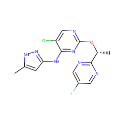 Cc1cc(Nc2nc(O[C@H](C)c3ncc(F)cn3)ncc2Cl)n[nH]1 ZINC000043201793