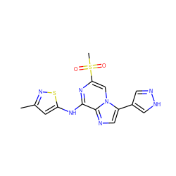 Cc1cc(Nc2nc(S(C)(=O)=O)cn3c(-c4cn[nH]c4)cnc23)sn1 ZINC000072111216