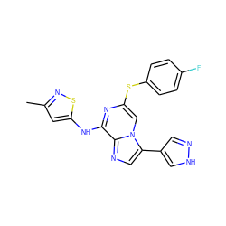 Cc1cc(Nc2nc(Sc3ccc(F)cc3)cn3c(-c4cn[nH]c4)cnc23)sn1 ZINC000072107709