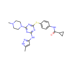 Cc1cc(Nc2nc(Sc3ccc(NC(=O)C4CC4)cc3)nc(N3CCN(C)CC3)n2)n[nH]1 ZINC000203976163