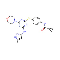 Cc1cc(Nc2nc(Sc3ccc(NC(=O)C4CC4)cc3)nc(N3CCOCC3)n2)n[nH]1 ZINC000203977792