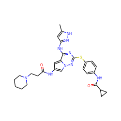 Cc1cc(Nc2nc(Sc3ccc(NC(=O)C4CC4)cc3)nn3cc(NC(=O)CCN4CCCCC4)cc23)n[nH]1 ZINC000072179843