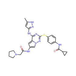 Cc1cc(Nc2nc(Sc3ccc(NC(=O)C4CC4)cc3)nn3cc(NC(=O)CN4CCCC4)cc23)n[nH]1 ZINC000072180999