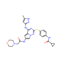 Cc1cc(Nc2nc(Sc3ccc(NC(=O)C4CC4)cc3)nn3cc(NC(=O)CN4CCOCC4)cc23)n[nH]1 ZINC000072179844