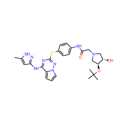 Cc1cc(Nc2nc(Sc3ccc(NC(=O)CN4C[C@H](O)[C@@H](OC(C)(C)C)C4)cc3)nn3cccc23)n[nH]1 ZINC000072184024