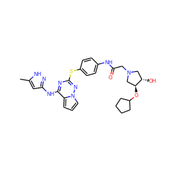 Cc1cc(Nc2nc(Sc3ccc(NC(=O)CN4C[C@H](O)[C@@H](OC5CCCC5)C4)cc3)nn3cccc23)n[nH]1 ZINC000072182185