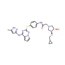 Cc1cc(Nc2nc(Sc3ccc(NC(=O)CN4C[C@H](O)[C@@H](OCC5CC5)C4)cc3)nn3cccc23)n[nH]1 ZINC000072182184