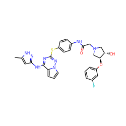 Cc1cc(Nc2nc(Sc3ccc(NC(=O)CN4C[C@H](O)[C@@H](Oc5cccc(F)c5)C4)cc3)nn3cccc23)n[nH]1 ZINC000072182369