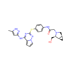 Cc1cc(Nc2nc(Sc3ccc(NC(=O)CN4C[C@H]5C[C@H]5[C@H]4CO)cc3)nn3cccc23)n[nH]1 ZINC000072178897