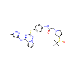 Cc1cc(Nc2nc(Sc3ccc(NC(=O)CN4CC[C@@H]([S@@+]([O-])C(C)(C)C)C4)cc3)nn3cccc23)n[nH]1 ZINC000095554401