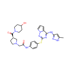 Cc1cc(Nc2nc(Sc3ccc(NC(=O)CN4CC[C@@H](C(=O)N5CCC(O)CC5)C4)cc3)nn3cccc23)n[nH]1 ZINC000095554369