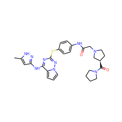 Cc1cc(Nc2nc(Sc3ccc(NC(=O)CN4CC[C@@H](C(=O)N5CCCC5)C4)cc3)nn3cccc23)n[nH]1 ZINC000095554395