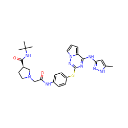 Cc1cc(Nc2nc(Sc3ccc(NC(=O)CN4CC[C@@H](C(=O)NC(C)(C)C)C4)cc3)nn3cccc23)n[nH]1 ZINC000095556085