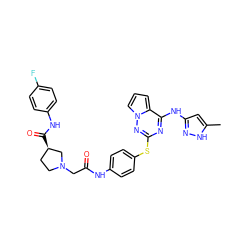 Cc1cc(Nc2nc(Sc3ccc(NC(=O)CN4CC[C@@H](C(=O)Nc5ccc(F)cc5)C4)cc3)nn3cccc23)n[nH]1 ZINC000095557527