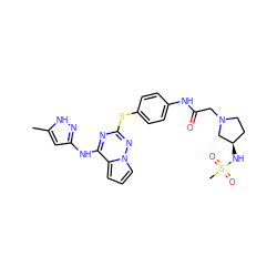 Cc1cc(Nc2nc(Sc3ccc(NC(=O)CN4CC[C@@H](NS(C)(=O)=O)C4)cc3)nn3cccc23)n[nH]1 ZINC000095552570