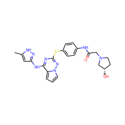 Cc1cc(Nc2nc(Sc3ccc(NC(=O)CN4CC[C@H](O)C4)cc3)nn3cccc23)n[nH]1 ZINC000095553613