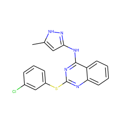 Cc1cc(Nc2nc(Sc3cccc(Cl)c3)nc3ccccc23)n[nH]1 ZINC000034044746