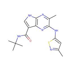 Cc1cc(Nc2nc3c(C(=O)NC(C)(C)C)c[nH]c3nc2C)sn1 ZINC000145164262