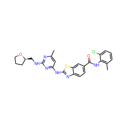 Cc1cc(Nc2nc3ccc(C(=O)Nc4c(C)cccc4Cl)cc3s2)nc(NC[C@H]2CCCO2)n1 ZINC000003816598