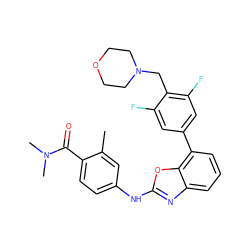 Cc1cc(Nc2nc3cccc(-c4cc(F)c(CN5CCOCC5)c(F)c4)c3o2)ccc1C(=O)N(C)C ZINC000049090031