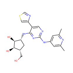 Cc1cc(Nc2ncc(-c3cscn3)c(N[C@@H]3C[C@H](CO)[C@@H](O)[C@H]3O)n2)cc(C)n1 ZINC000473110437