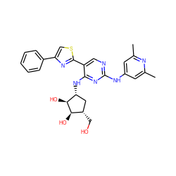 Cc1cc(Nc2ncc(-c3nc(-c4ccccc4)cs3)c(N[C@@H]3C[C@H](CO)[C@@H](O)[C@H]3O)n2)cc(C)n1 ZINC000473126224