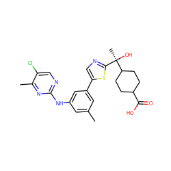 Cc1cc(Nc2ncc(Cl)c(C)n2)cc(-c2cnc([C@@](C)(O)C3CCC(C(=O)O)CC3)s2)c1 ZINC000145150145