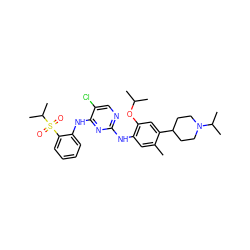 Cc1cc(Nc2ncc(Cl)c(Nc3ccccc3S(=O)(=O)C(C)C)n2)c(OC(C)C)cc1C1CCN(C(C)C)CC1 ZINC000096272775